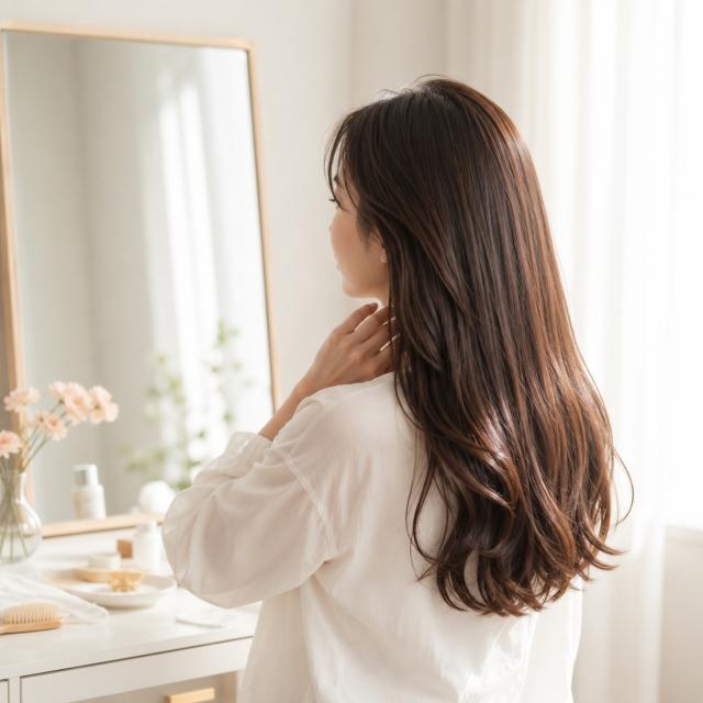 乾燥や広がりを抑えてまとまりやすく整えた髪の仕上がりイメージ