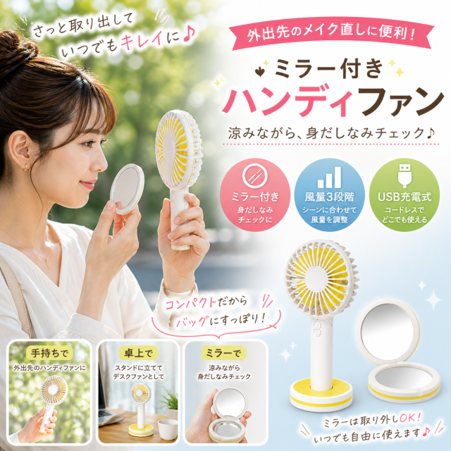 ミラー付きハンディファン2個セット 在庫限り 数量限定 夏の処分特価