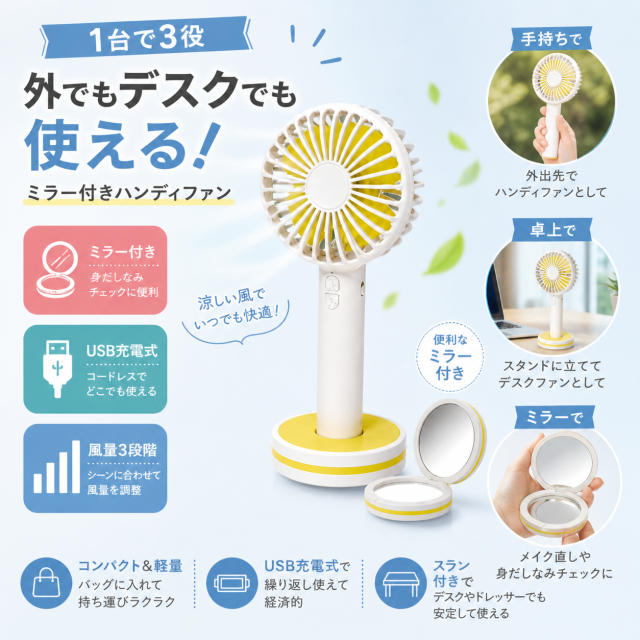 外出先で使いやすいミラー付きハンディファン 通勤 通学 旅行 フェス メイク直しに便利