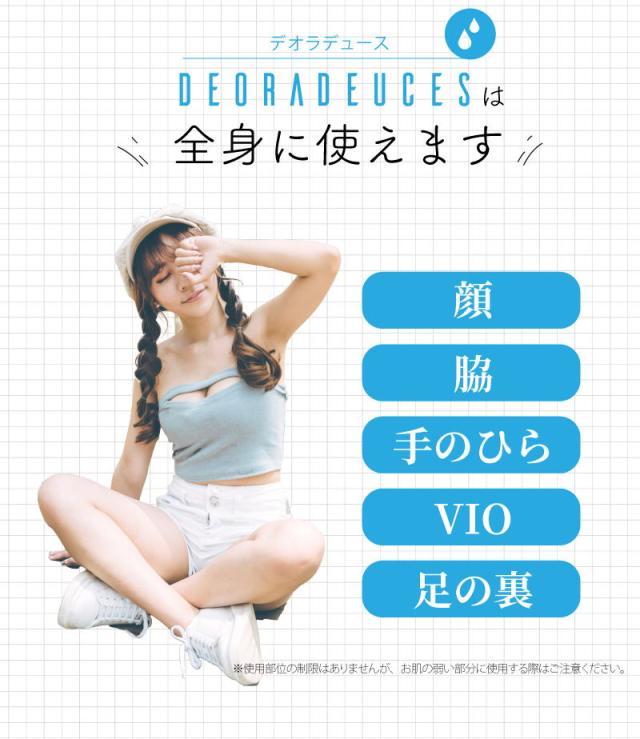 顔 ワキ 手のひら VIO 足の裏など全身に使えるデオラデュース