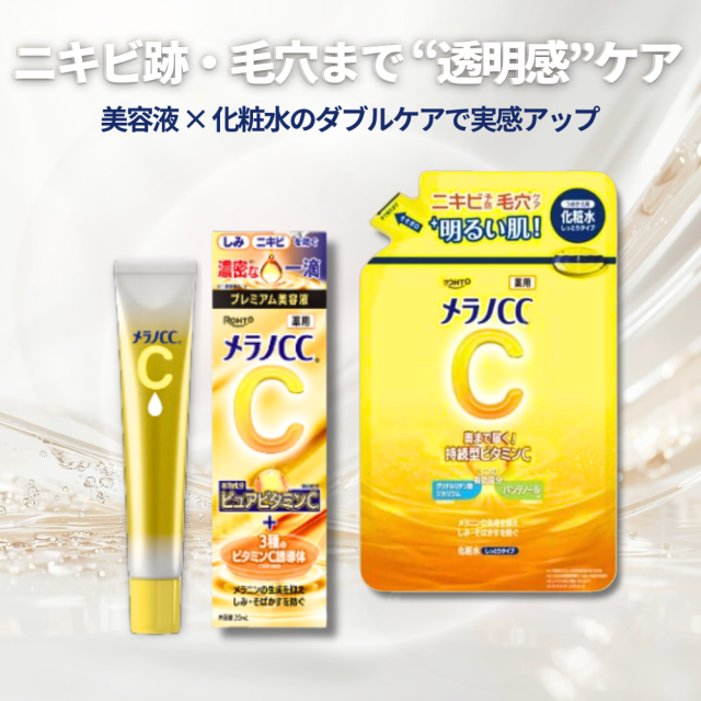 メラノCCスキンケアラインナップと使用ステップの説明画像