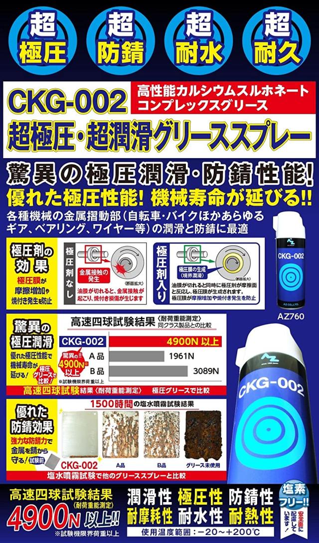 脅威の潤滑、防錆性能、CKG-002 超極圧・超防錆グリーススプレー 420ml