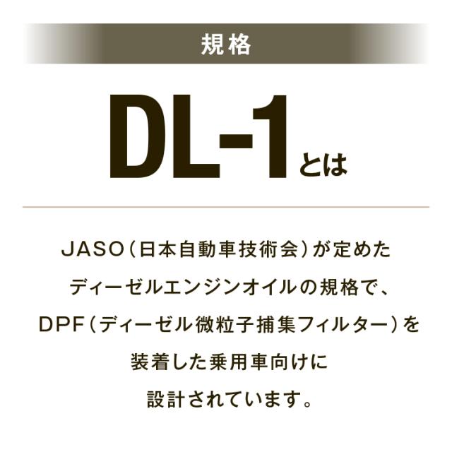 DL-1とはJASOが定めたディーセルオイルの規格でDPFを装着した乗用車向けに設計されています。