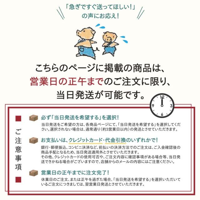 当商品は、クレジットカード・代引き決済をご利用かつ営業日の正午までのご注文に限り、当日発送が可能です。