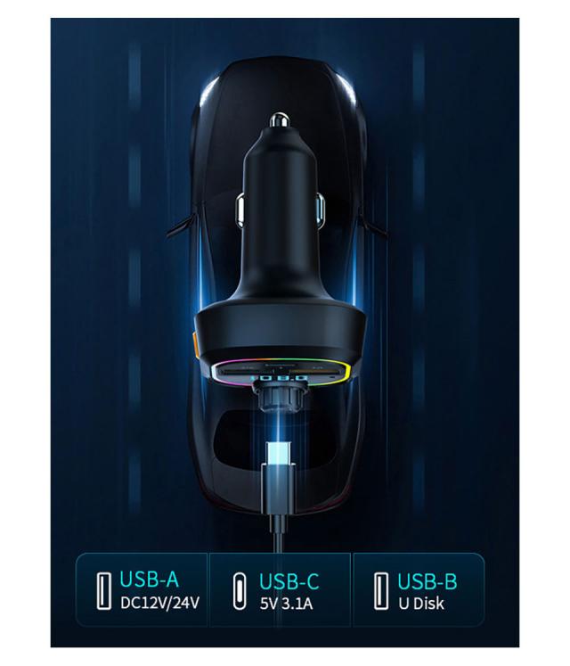Bluetooth5.0 FMトランスミッター 車載 高音質 ロスレス音楽再生 QC3.0 PD急速充電 デュアルUSB ハンズフリー通話 Uディスク再生 7色LEDライト