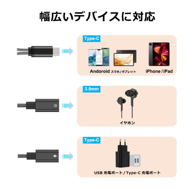 タイプc イヤホン 変換ケーブル 3.5mmイヤホンジャック PD急速充電 イヤホン変換ケーブル 変換アダプタ