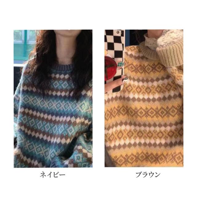 セーター レディース ノルディック柄オーバーセーター 60代