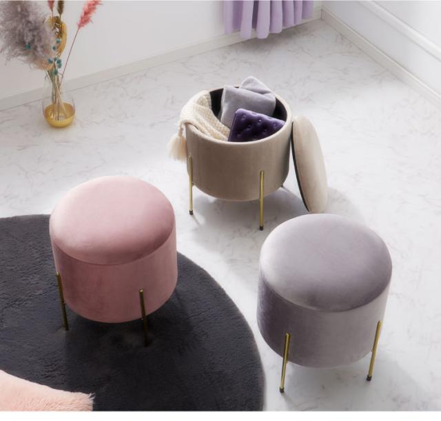 未使用に近い 収納スツール オットマン ベルベット ベロア ベージュ エレガント スツール 収納 おしゃれ 丸型 ベルベット ベロア くすみカラー 円形