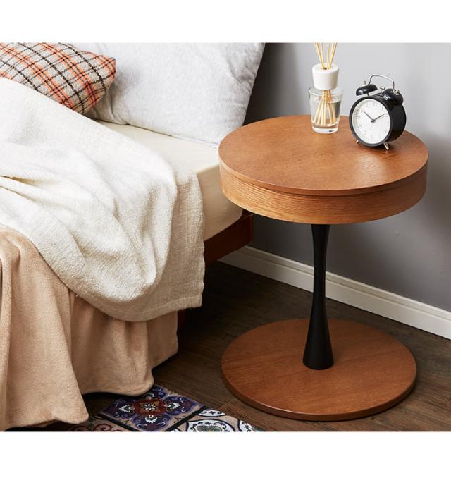 オーク材使用 サイドテーブル 円形 直径40cm 木製 天板下収納