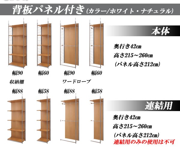 日本製 つっぱり 壁面 間仕切り ワードローブ 幅60 背板無し ホワイト