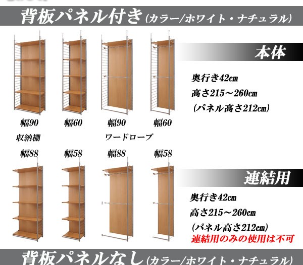 日本製 つっぱり 壁面 間仕切り ワードローブ 幅90 背板無し ホワイト