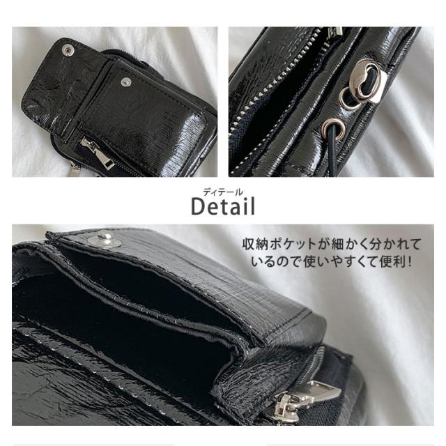 サコッシュ レディース ポシェット 斜めがけ かわいい エナメル きれいめ 小さめ 2way ウエストポーチ 軽い ミニ ポーチ カジュアル おしゃれ 軽量 防水 撥水 10代 20代 30代 外ポケット 女の子 ブラック シルバー 韓国 送料無料 4