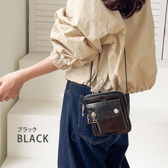 サコッシュ レディース ポシェット 斜めがけ かわいい エナメル きれいめ 小さめ 2way ウエストポーチ 軽い ミニ ポーチ カジュアル おしゃれ 軽量 防水 撥水 10代 20代 30代 外ポケット 女の子 ブラック シルバー 韓国 送料無料 7