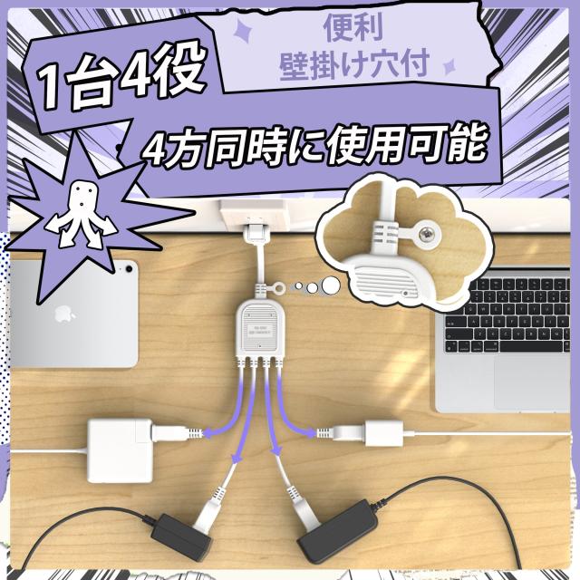 ACアダプタ専用電源延長コード 延長コード 4個口 ブラック 15A 1500W 耐トラッキング 二重被覆 絶縁キャップ ACアダプター すっきり接続 コンセント ソフト 電源コード