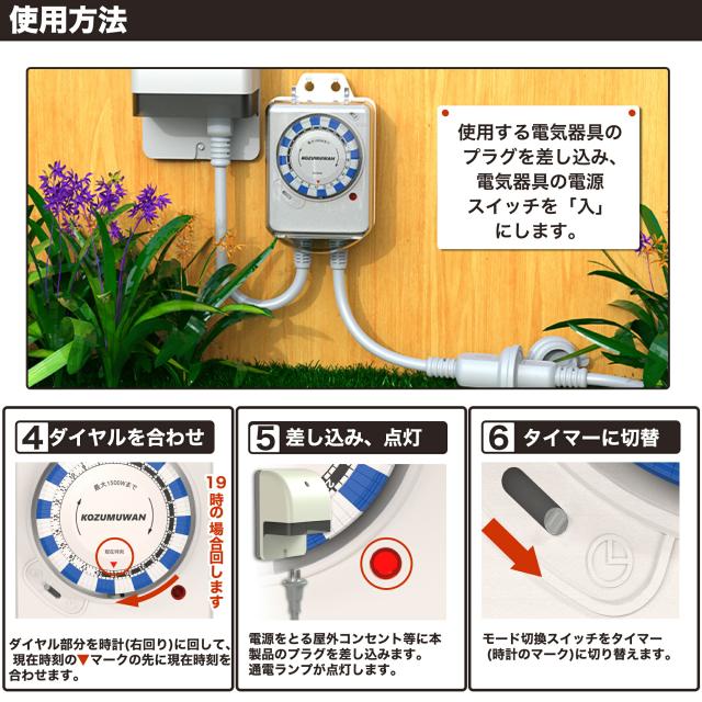 防雨型24時間タイマー コンセントタイマー ワーキングタイマー 24時間 防雨型 屋外用 時間管理 消灯時間設定 15分単位 消し忘れ防止 電源オンオフ 機械式 防雨キャップ付 防雨カバー 壁掛け 毎日繰り返し 1500w 50/60Hz 防犯 自動 安全 簡単操作 PSE 便利 扇風機 照明器具