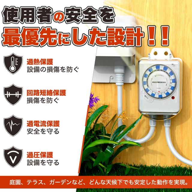 防雨型24時間タイマー コンセントタイマー ワーキングタイマー 24時間 防雨型 屋外用 時間管理 消灯時間設定 15分単位 消し忘れ防止 電源オンオフ 機械式 防雨キャップ付 防雨カバー 壁掛け 毎日繰り返し 1500w 50/60Hz 防犯 自動 安全 簡単操作 PSE 便利 扇風機 照明器具