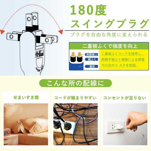 コンセントタップ 国内・海外両用電源タップ 3AC口 電源タップ usb付き 延長コード 1m 2m 3m スイングプラグ 省スペース 過電流保護 安全設計 たこあしコンセント 3面設計 タコ足配線 すき間 コンパクト