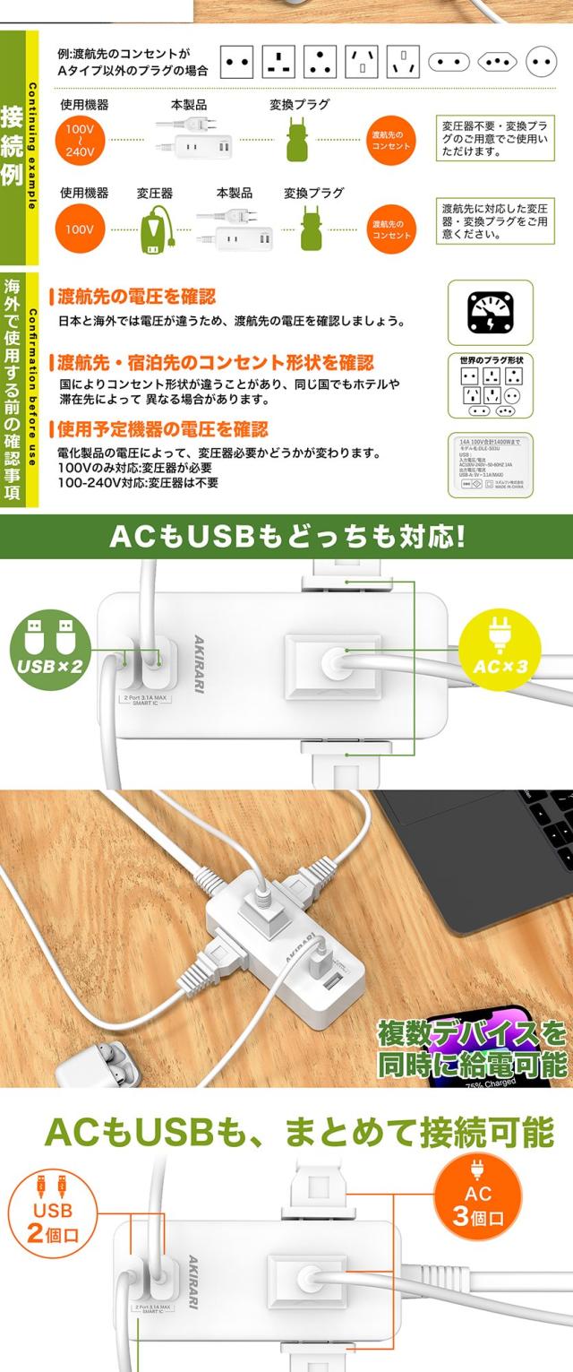 コンセントタップ 国内・海外両用電源タップ 3AC口 電源タップ usb付き 延長コード 1m 2m 3m スイングプラグ 省スペース 過電流保護 安全設計 たこあしコンセント 3面設計 タコ足配線 すき間 コンパクト