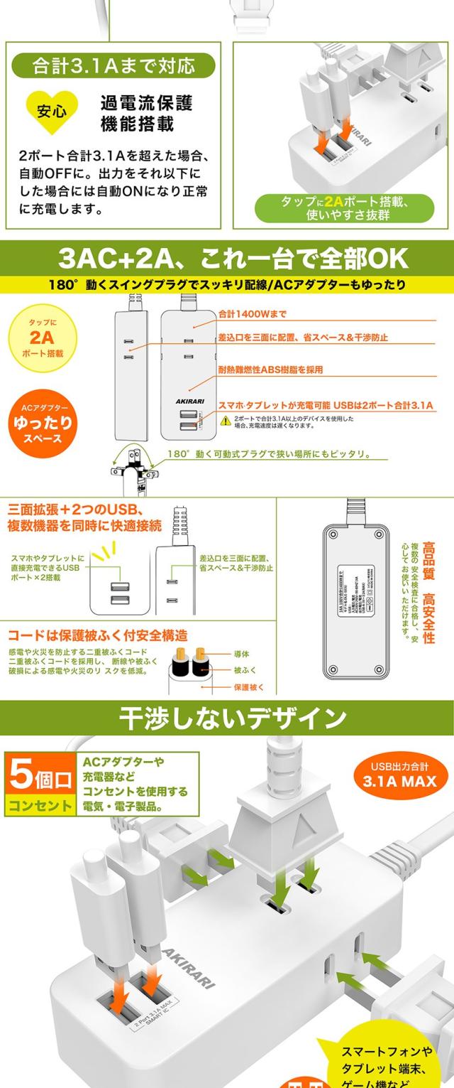 コンセントタップ 国内・海外両用電源タップ 3AC口 電源タップ usb付き 延長コード 1m 2m 3m スイングプラグ 省スペース 過電流保護 安全設計 たこあしコンセント 3面設計 タコ足配線 すき間 コンパクト