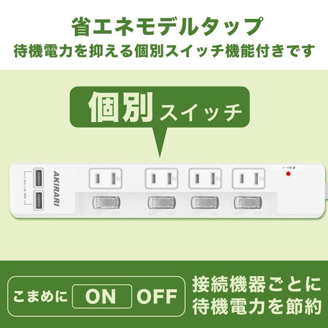電源タップ usb付き コンセントタップ 国内・海外両用ホワイト 1m コンセントタップ ACコンセント 4口 USB-A 2ポート テーブルタップ 個別スイッチ付き 壁掛け 卓上に