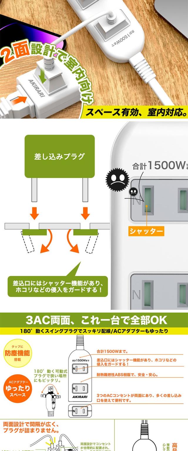 コンセントタップ 延長コード 1m 2m 3m 5m短い 電源コード 安全ガード ほこりシャッター 電源タップ 3個口 OAタップ ベビーガード 延長コンセント たこあしコンセント テーブルタップ oa タコ足配線 蛸足 隙間 スイングプラグ 1500w