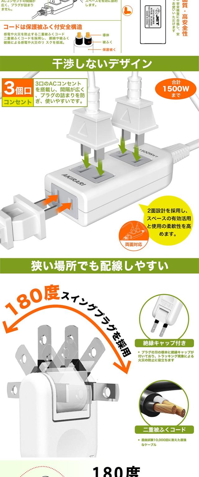 コンセントタップ 延長コード 1m 2m 3m 5m短い 電源コード 安全ガード ほこりシャッター 電源タップ 3個口 OAタップ ベビーガード 延長コンセント たこあしコンセント テーブルタップ oa タコ足配線 蛸足 隙間 スイングプラグ 1500w