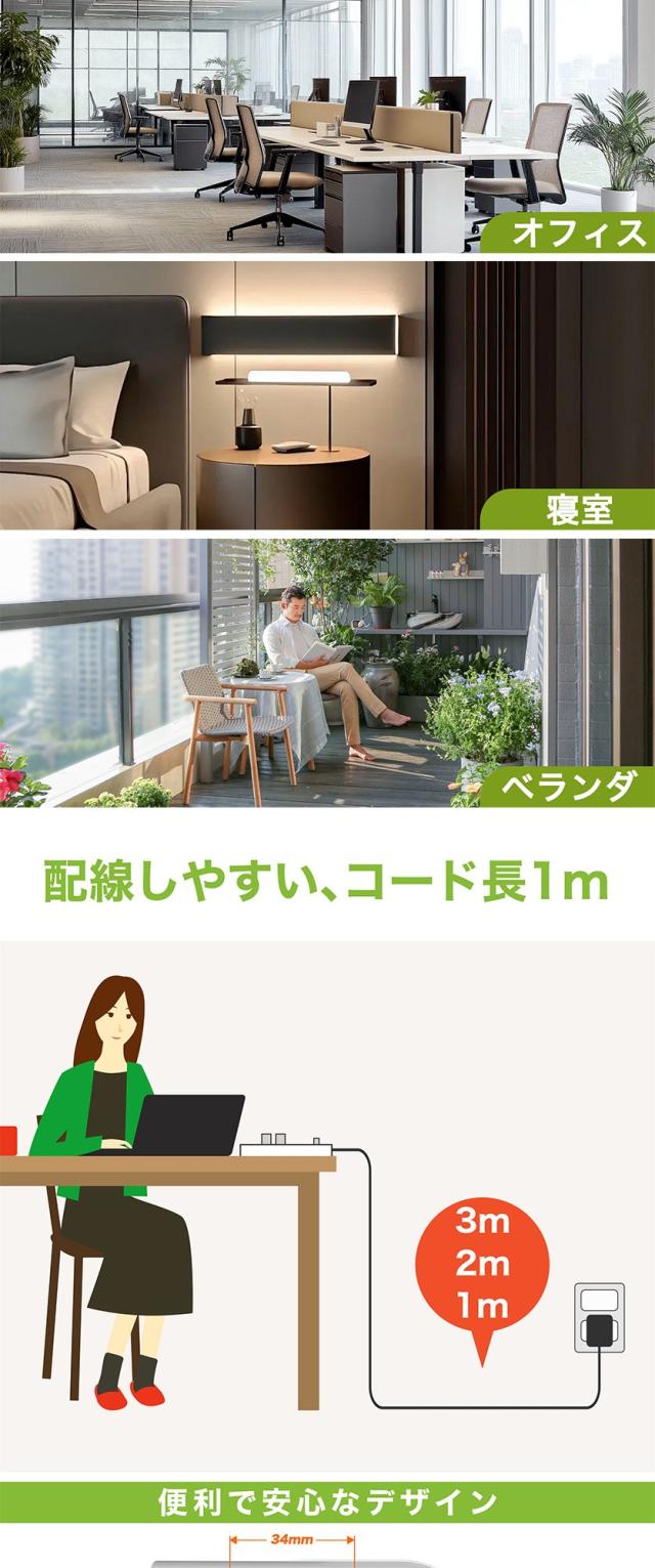 コンセントタップ 延長コード 1m 2m 3m 5m短い 電源コード 安全ガード ほこりシャッター 電源タップ 3個口 OAタップ ベビーガード 延長コンセント たこあしコンセント テーブルタップ oa タコ足配線 蛸足 隙間 スイングプラグ 1500w