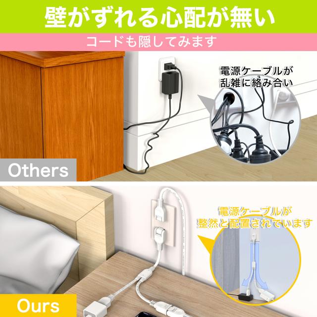 ACアダプタ専用【2分岐タイプ】電源延長コード ホワイト ブラック 二重被覆 絶縁キャップ付きスイングプラグ 全長約0.4m 家庭用 オフィス用 電気機器用 安全設計 分配コード 耐トラッキング 絶縁キャップ 電源増設 ちょっとコード ソフト 短い