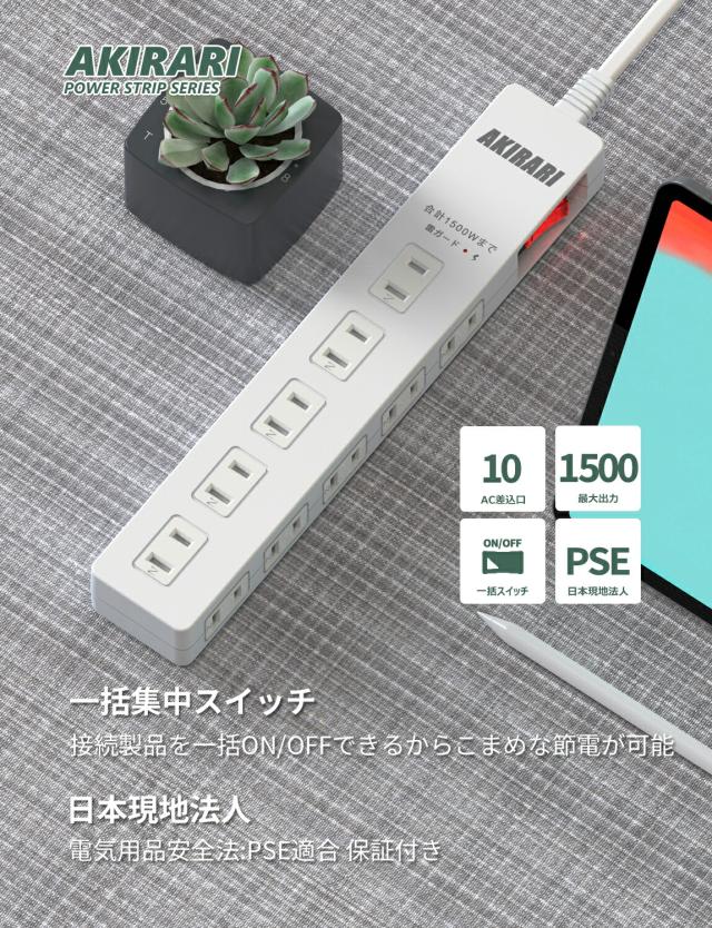 電源タップ 延長コード 1m 1500w 10個口 10ACコンセント 180°スイングプラグ 隙間対応 スリム 省スペース 落雷 漏電防止 防雷 雷ガード サージ保護 PSE認証済 ほこり防止
