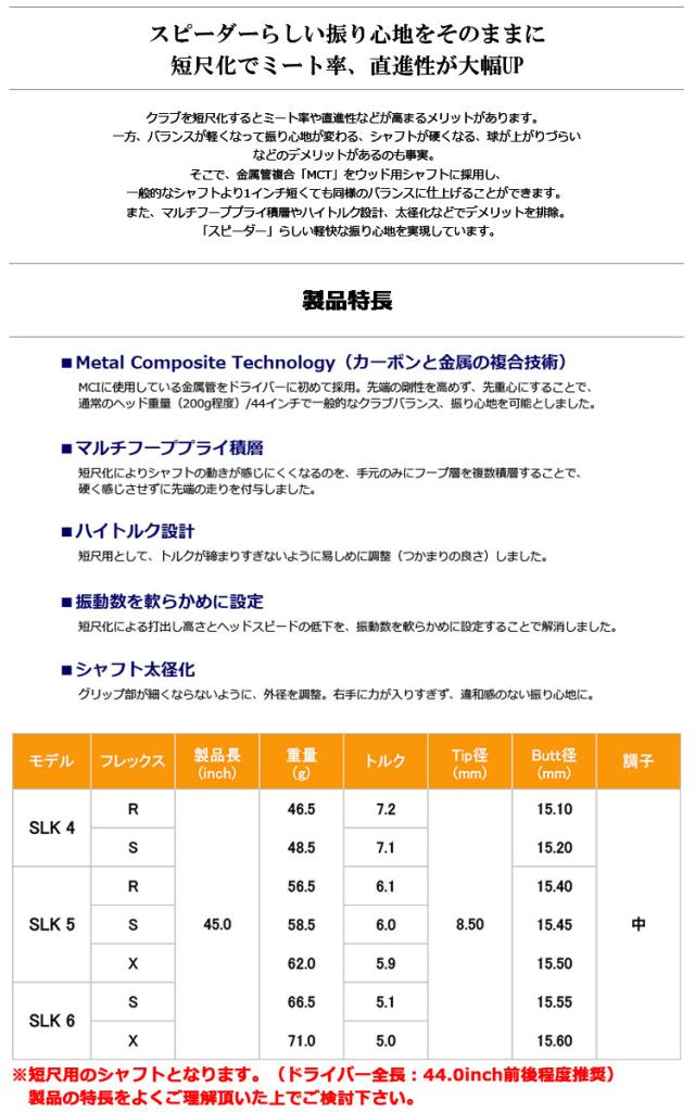スリクソン スリーブ付きシャフト FUJIKURA SPEEDER SLK 短尺ドライバー専用 (推奨：44.0inch) (XXIO-eks-／ZX7,5／Z785／Z765／Z565／Z945／Z745／Z545)