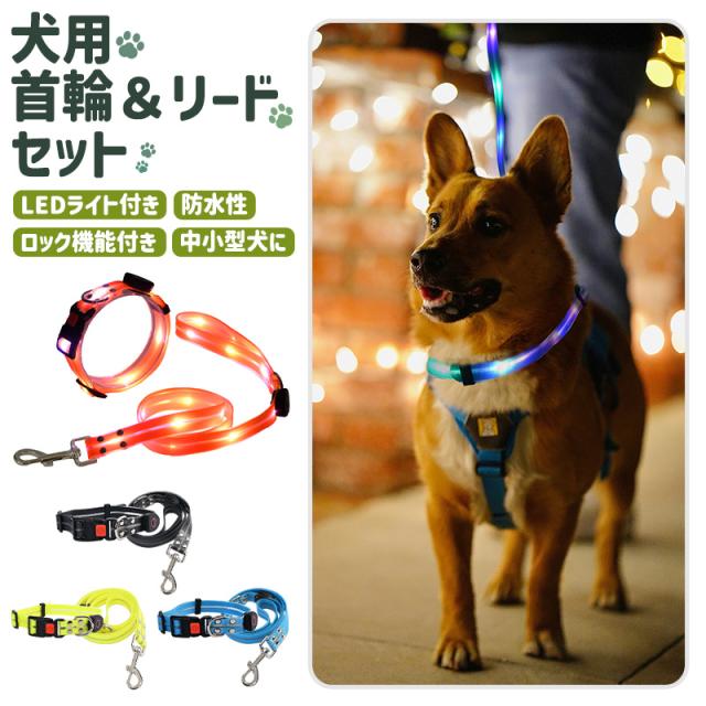 犬用首輪 首輪リードセット リード LEDライト付き首輪&リードセット 光る 点灯モード切替 お散歩 充電式