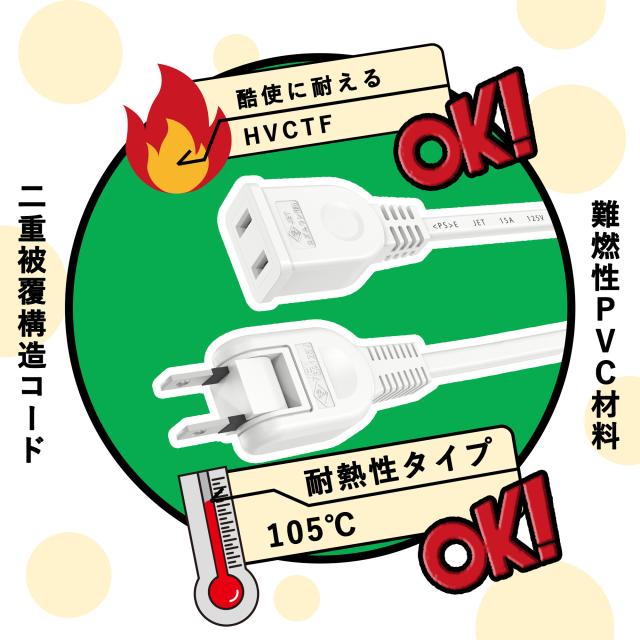延長コード 2m 1個口 ホワイト 15A 1500W 耐トラッキング 二重被覆 絶縁キャップ ACアダプター すっきり接続 コンセント ソフト 電源コード 延長ケーブル 連結可