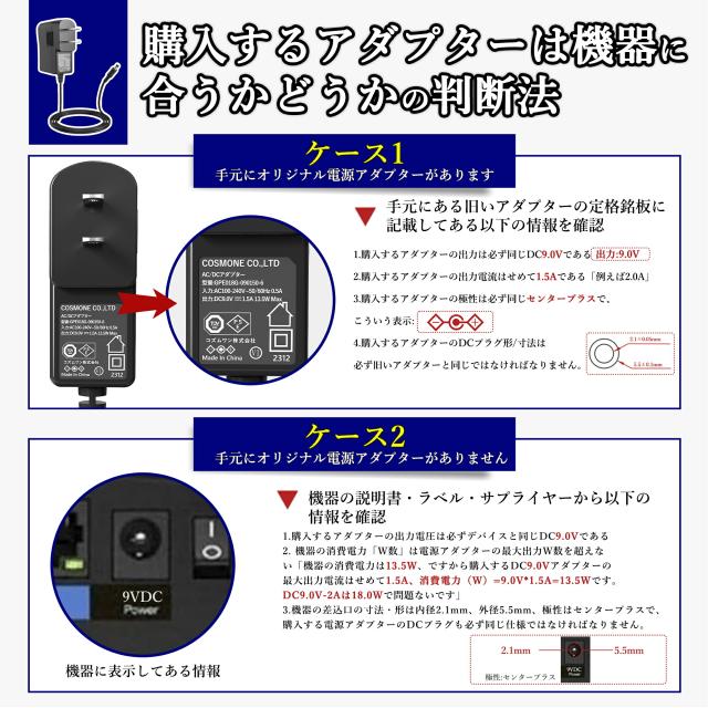 【1年保証付】汎用スイッチング式ACアダプター 9V/1.5A/最大出力13.5W 出力プラグ外径5.5mm(内径2.1mm)PSE取得品