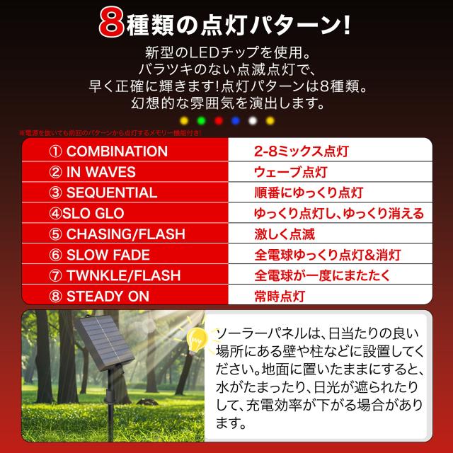 ソーラー イルミネーション つらら LED 120球 長さ10m 全5色 屋外用 防水 コンセント式 コントローラー付き メモリー機能 8パータン 大型ソーラーパネル