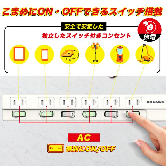 電源タップ 1m 6個口 コンパクト 個別スイッチ 雷ガード アダプタ対応 ブレーカー付き 雷ガード スイングプラグ 延長コード タップ コンセント×6口