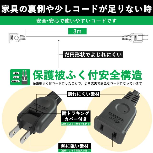 延長コード 3m 1個口 ブラック 15A 1500W 耐トラッキング 二重被覆 絶縁キャップ ACアダプター すっきり接続 コンセント ソフト 電源コード 延長ケーブル 連結可