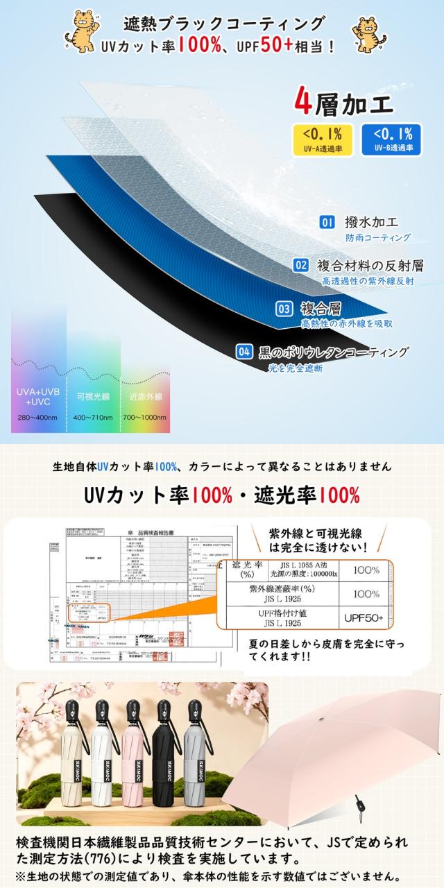 折りたたみ傘 自動開閉 日傘 ワンタッチ UVカット100% 完全遮光 子供 風に強い 3段エレガントデザイン 軽量 撥水 雨対策 紫外線対策 日焼け対策 カラー:ピンク