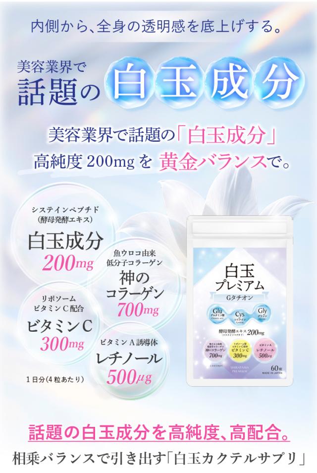 システインペプチド（酵母発酵エキス）白玉成分 200mg、魚ウロコ由来低分子コラーゲン 700mg、リポソームビタミンC配合のビタミンC 300mg、ビタミンA誘導体レチノール 500？