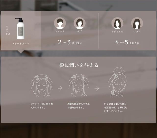 髪に潤いを与える。シャンプー後軽く水気をとり、適量を頭皮から毛先まで馴染ませます。1〜3分ほどおいて成分を浸透させ丁寧に洗い流してください。