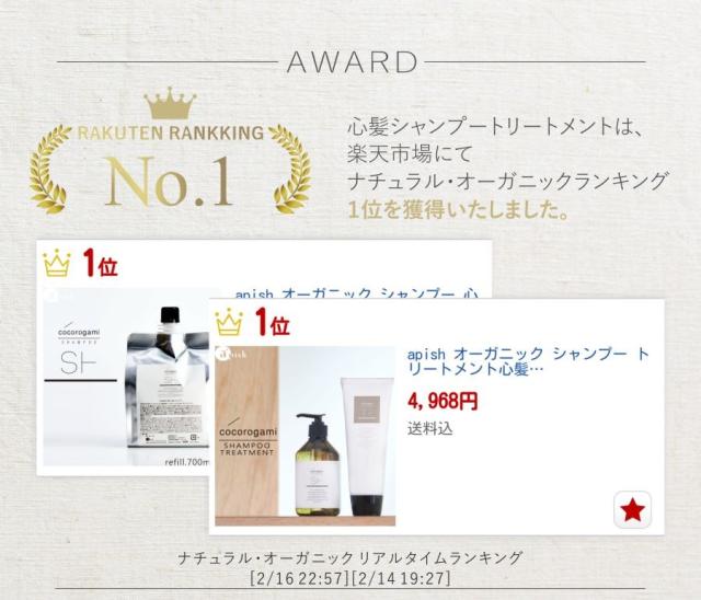 心髪シャンプートリートメントは、楽天市場にてナチュラル・オーガニックランキング1位を獲得いたしました。