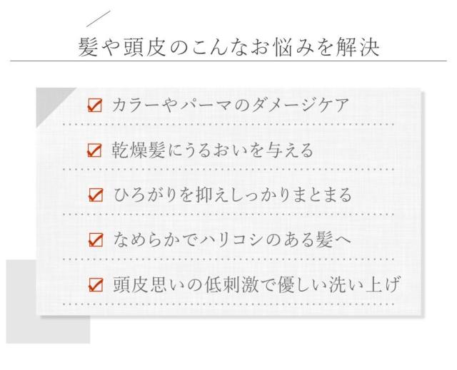 【髪や頭皮のこんなお悩みを解決】・カラーやパーマのダメージケア・乾燥髪にうるおいを与える・ひろがりを抑えしっかりまとまる・なめらかでハリコシのある髪へ・頭皮思いの低刺激で優しい洗い上げ