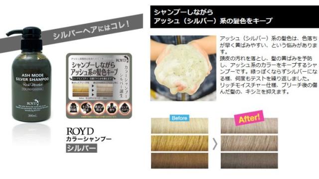 アッシュ（シルバー）系の髪色は、色落ちが早く黄ばみやすい、という悩みがあります。頭皮の汚れを落とし、黄ばみを予防し、アッシュ系のカラーをキープするシャンプーです。緑っぽくならずシルバーになる様、何度もテストを繰り返しました。リッチモイスチャー仕様、ブリーチ後の傷んだ髪の、キシミを抑えます。
