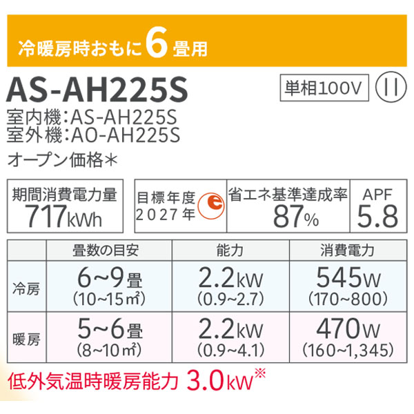 エアコン 6畳【Fujitsu 富士通ゼネラル】2025年モデル ノクリア AHシリーズ ＜AS-AH225S＞ 2.2kW (100V･15A) 除湿 内部クリーン 熱交換器加熱除菌 みまもり おやすみタイマー 冷房 暖房 クーラー ルームエアコン 6畳用 取付工事対応可 (代引不可) 富士通