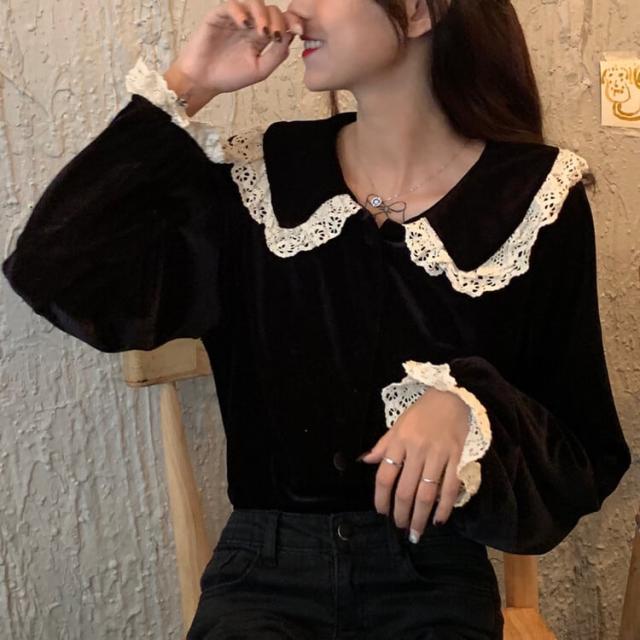 トップス レディース シャツ l 黒 レース 長袖 韓国 春 秋 冬 10