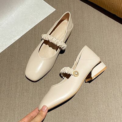 パンプス レザー チャンキーヒール l スクエアトゥ シューズ 靴 シンプル 無地 ゴムバンド パール 3.5cm 5.5cmヒール ミドルヒール 大