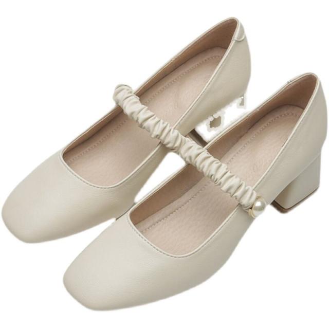 パンプス レザー チャンキーヒール l スクエアトゥ シューズ 靴 シンプル 無地 ゴムバンド パール 3.5cm 5.5cmヒール ミドルヒール 大