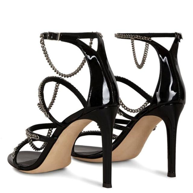チェーン ハイヒール サンダル l 靴 くつ 8.5cm 9.5cmヒール ピンヒール ラウンドトゥ ストラップ ベルト ビジュー キラキラ 美脚 脚
