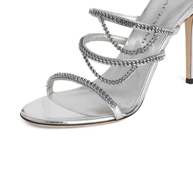 チェーン ハイヒール サンダル l 靴 くつ 8.5cm 9.5cmヒール ピンヒール ラウンドトゥ ストラップ ベルト ビジュー キラキラ 美脚 脚