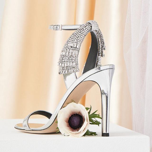 リボン ビジュー ハイヒール l シューズ 靴 くつ 8.5cm 9.5cmヒール ピンヒール ラウンドトゥ キラキラ 美脚 脚長 レザー 大人可愛い