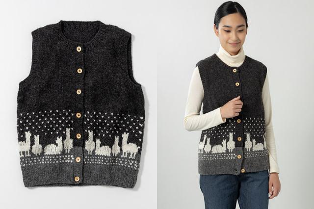 アルパカニットベスト 手編み ペルー製 ペルー製 手編み 雪見 アルパカ